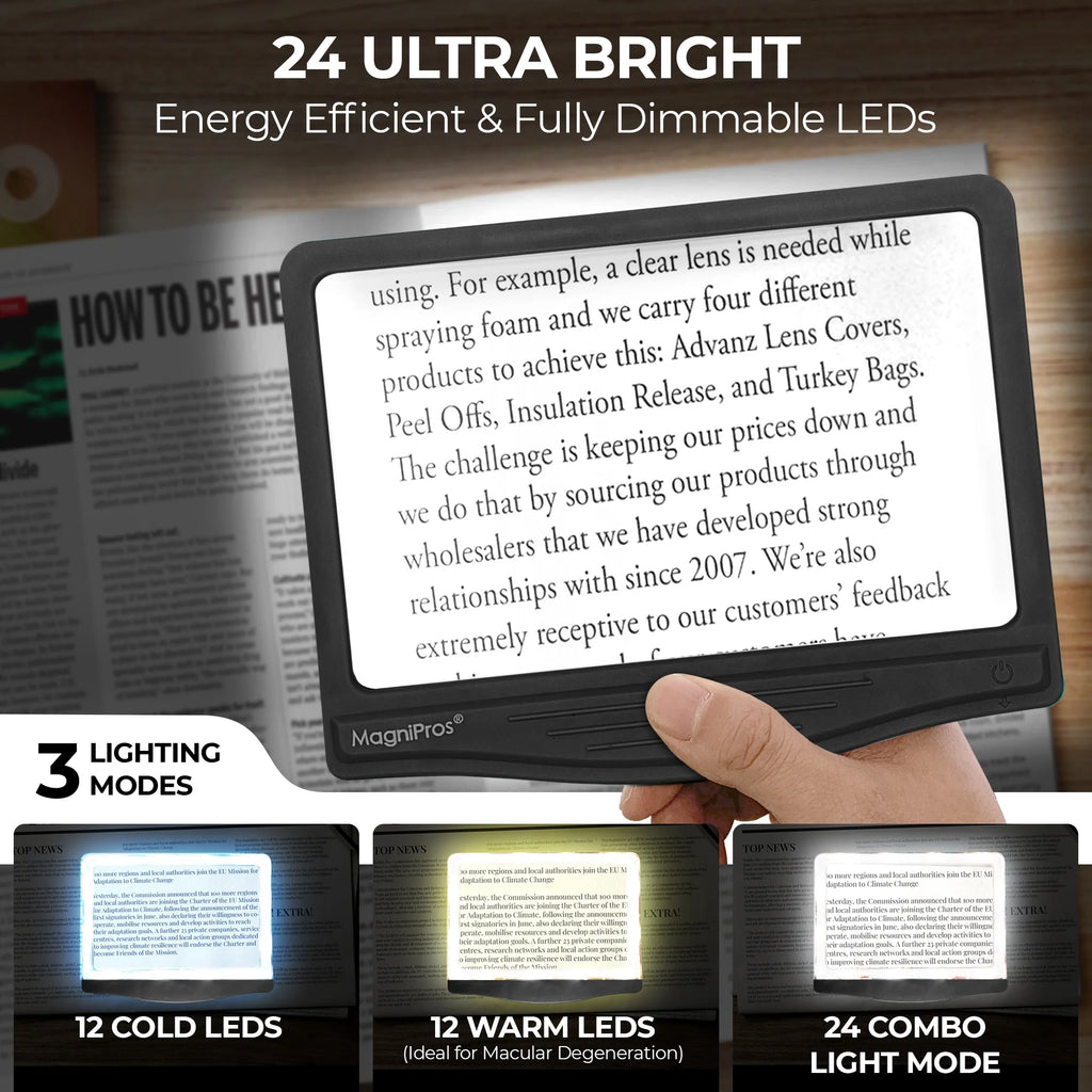 5X Large LED Full Page Magnifying Glass with Collapsible Hands-Free Stand & 3 Color Modes U17435