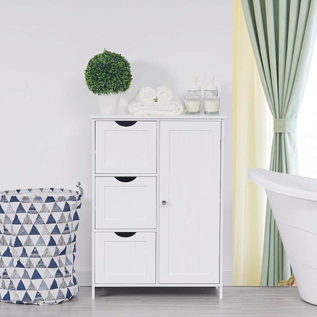 White Wooden Freestanding Bathroom Floor Cabinet with 1 Cupboard and 3 Drawers Y69844