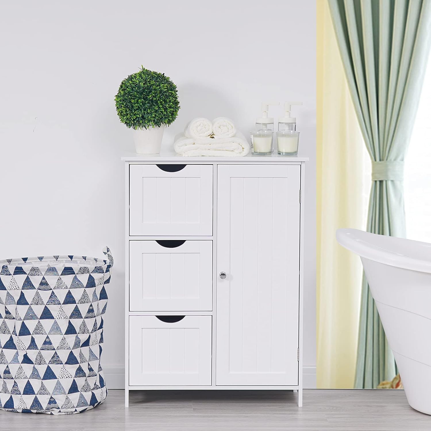 White Wooden Freestanding Bathroom Floor Cabinet with 1 Cupboard and 3 Drawers Y69844