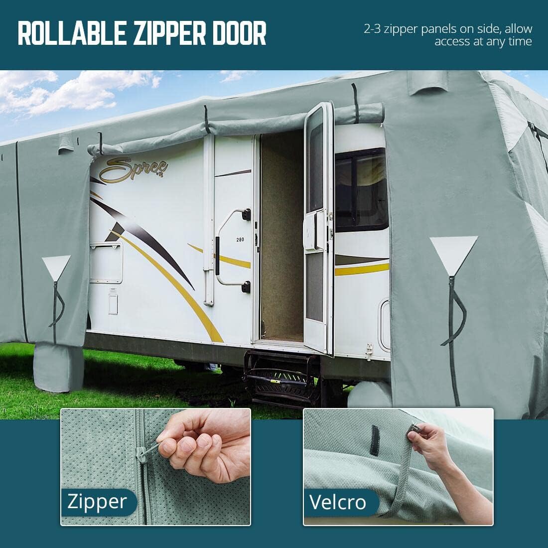 Extra-Thick 5 Layers Anti-UV RV Cover with 2Pcs Straps & 4 Tire Covers I298