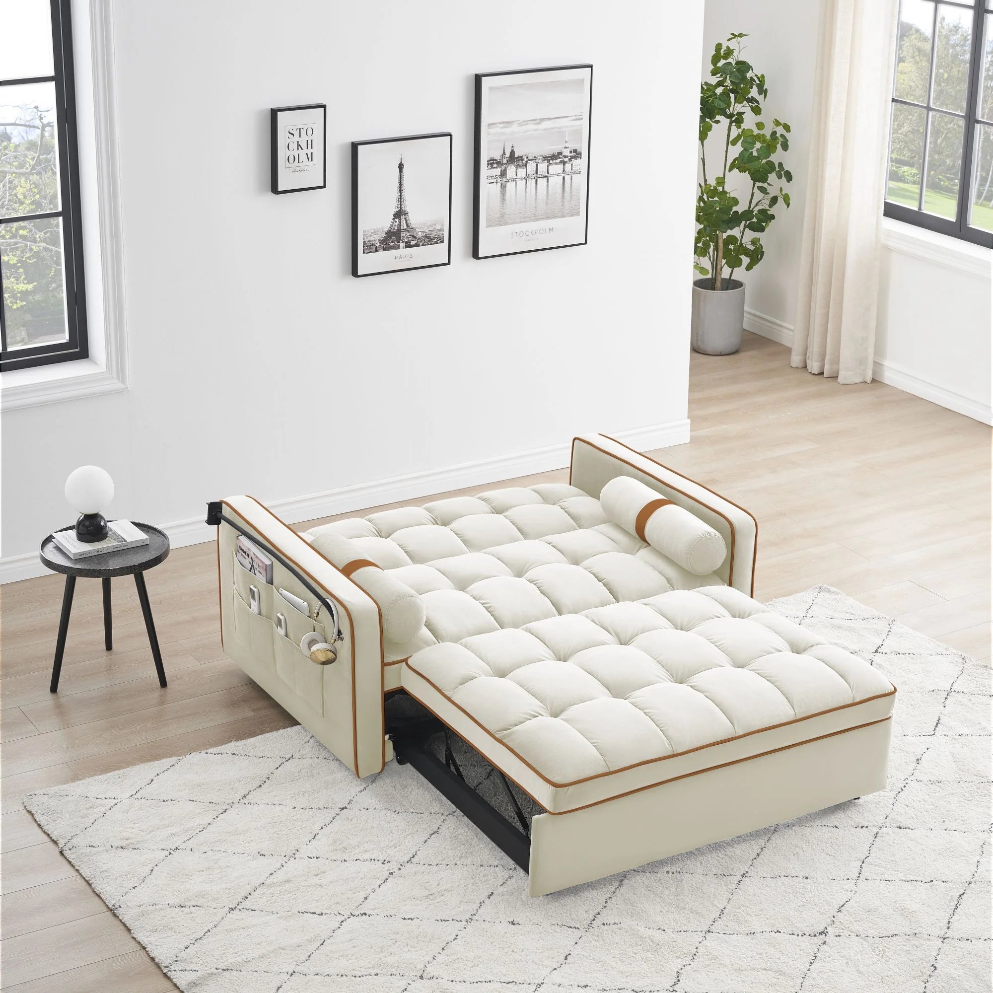 White 3 in 1 Sofa Bed Loveseat Sleeper with Two Pillows C91058