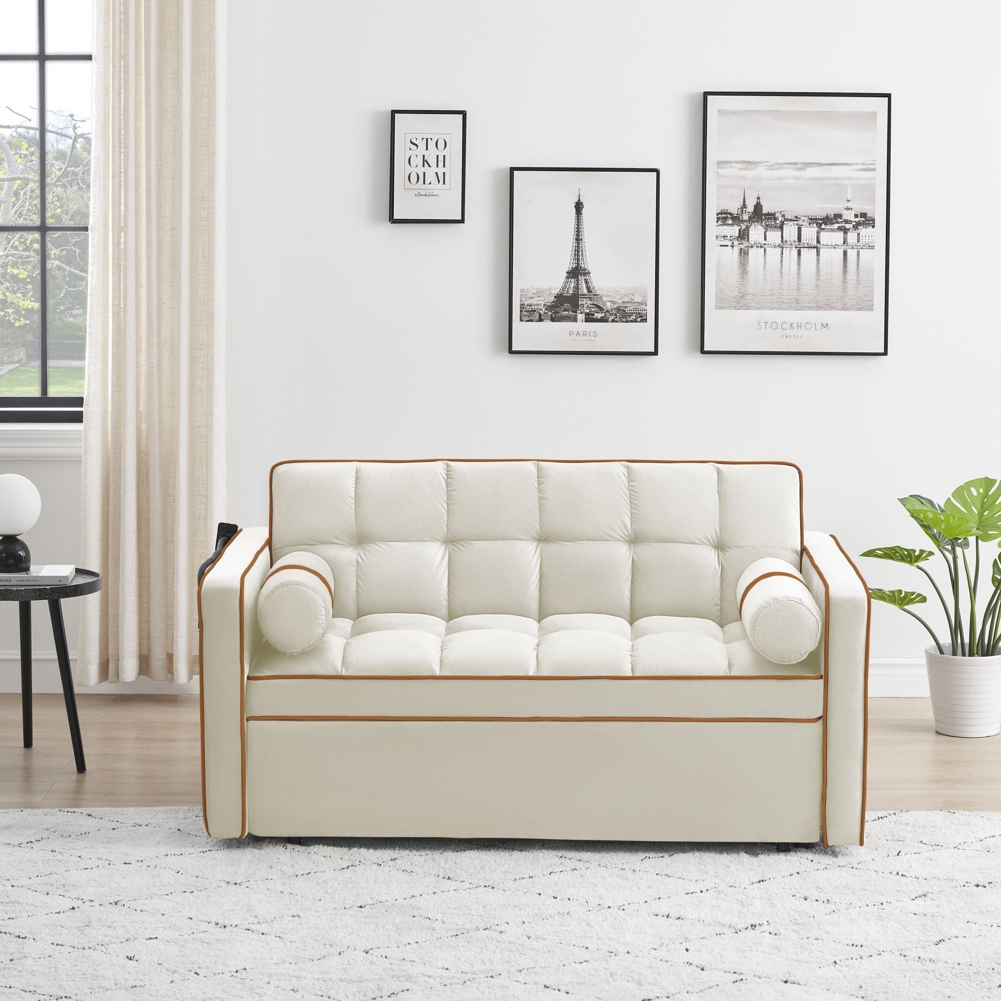 White 3 in 1 Sofa Bed Loveseat Sleeper with Two Pillows C91058
