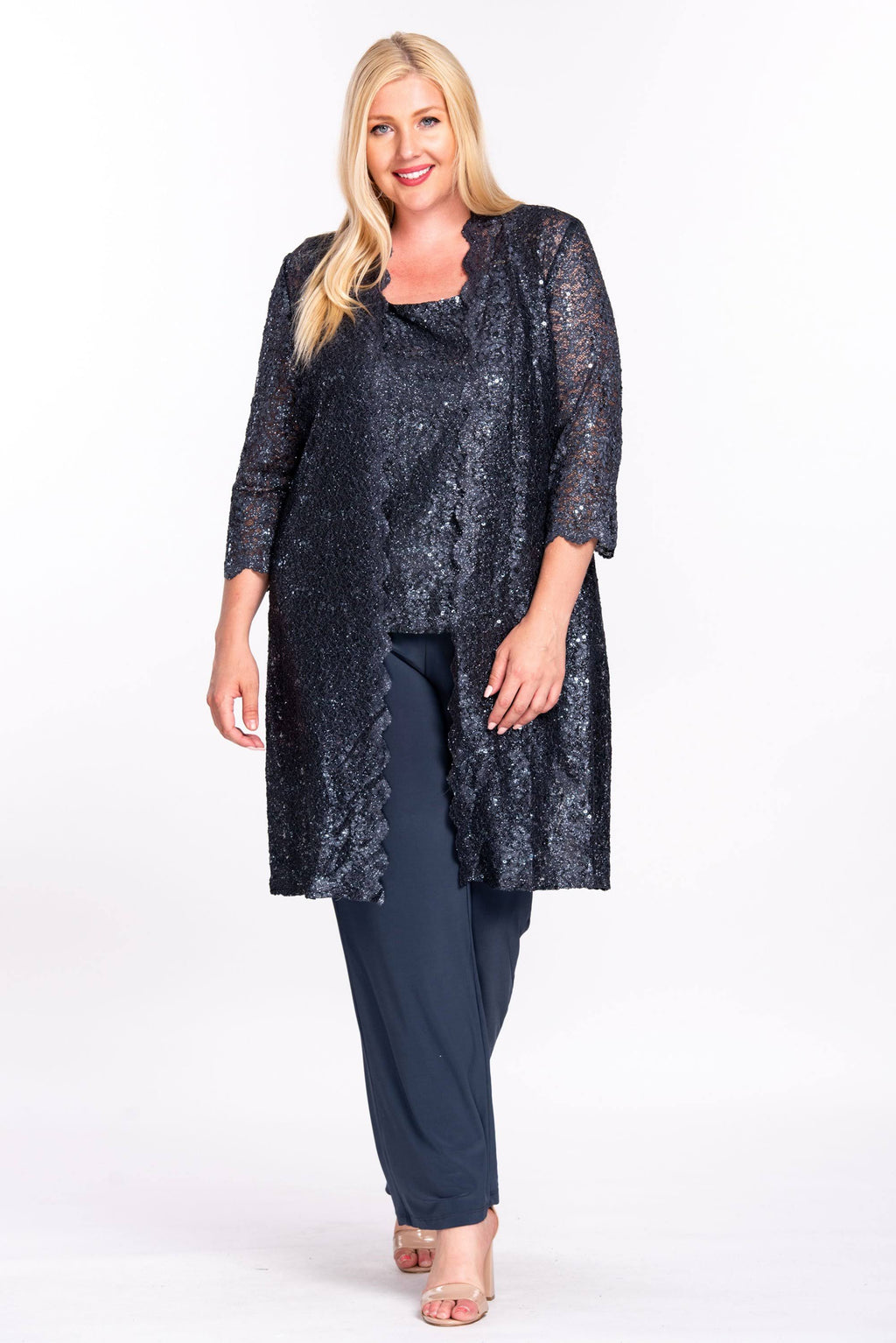 3-Piece Sequin Lace Duster Pant Set P549
