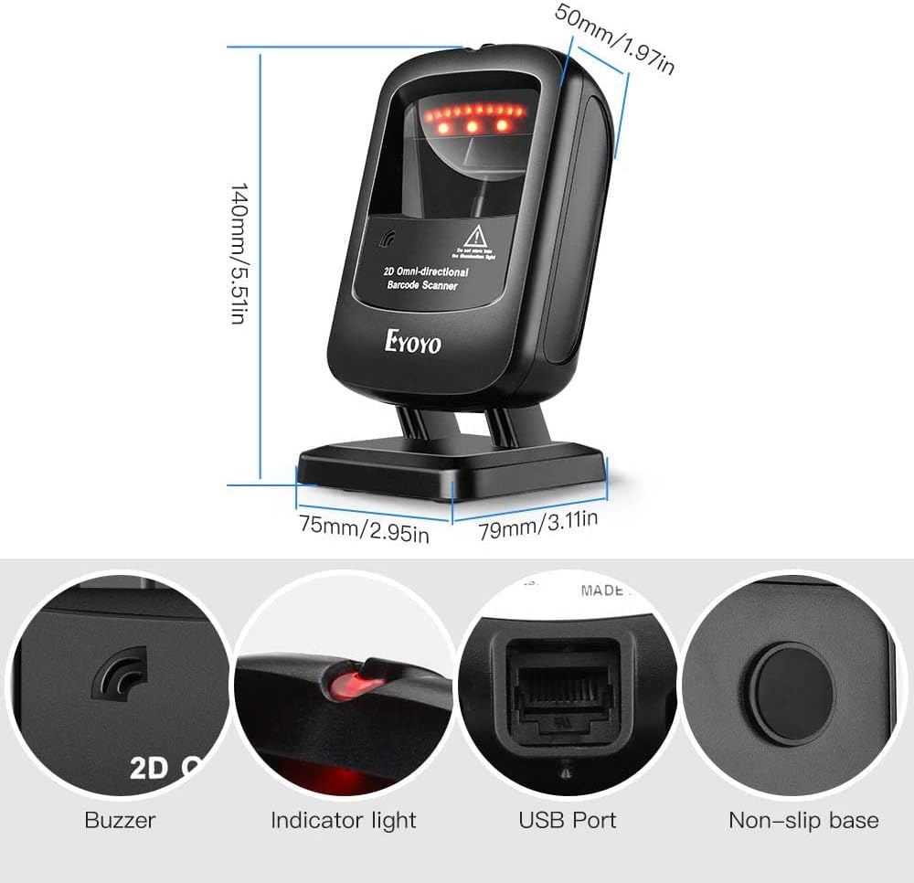 2D Desktop Barcode Scanner, Omnidirectional Hands-Free USB Wired Barcode Reader D671804