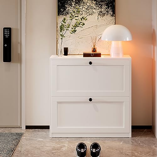 White Shoe Cabinet with 2 Flip Drawers and Adjustable Shelf B194