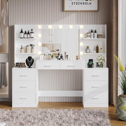 White Vanity Desk with Mirror & Lights, 8 Drawers H131