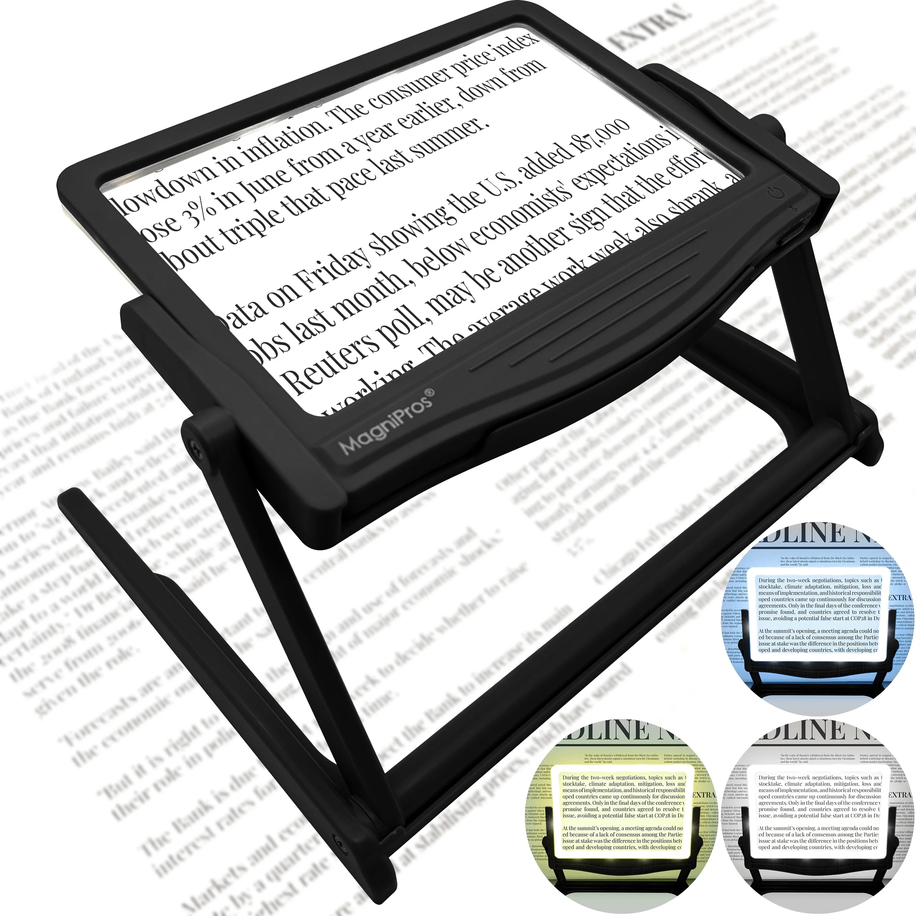 5X Large LED Full Page Magnifying Glass with Collapsible Hands-Free Stand & 3 Color Modes U17435