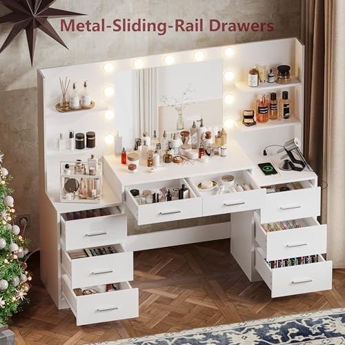 White Vanity Desk with Mirror & Lights, 8 Drawers H131