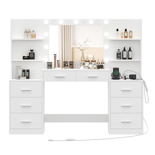 White Vanity Desk with Mirror & Lights, 8 Drawers H131