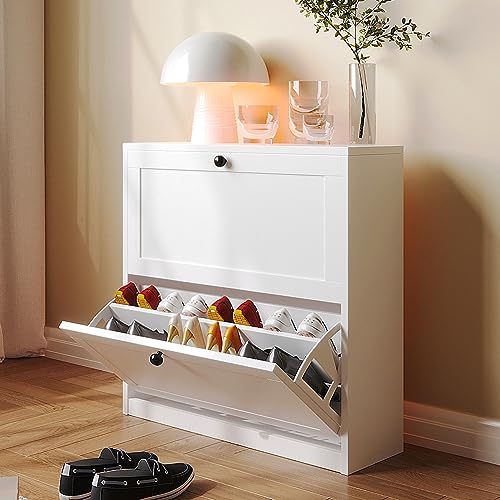White Shoe Cabinet with 2 Flip Drawers and Adjustable Shelf B194