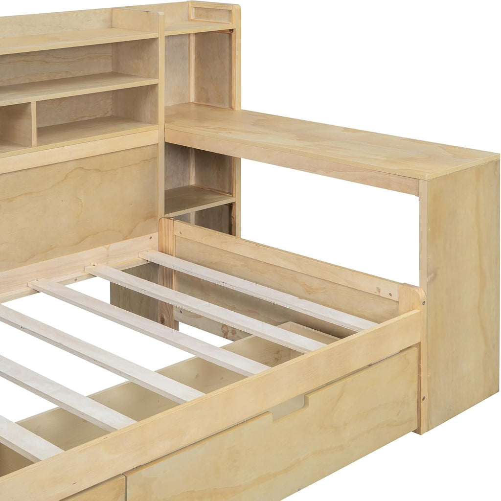 Twin Size Wooden Daybed with Storage Bookshelf, Study Desk and 2 Drawers P8481