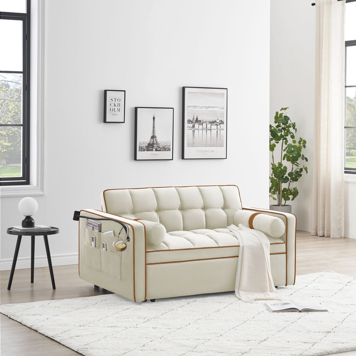 White 3 in 1 Sofa Bed Loveseat Sleeper with Two Pillows C91058