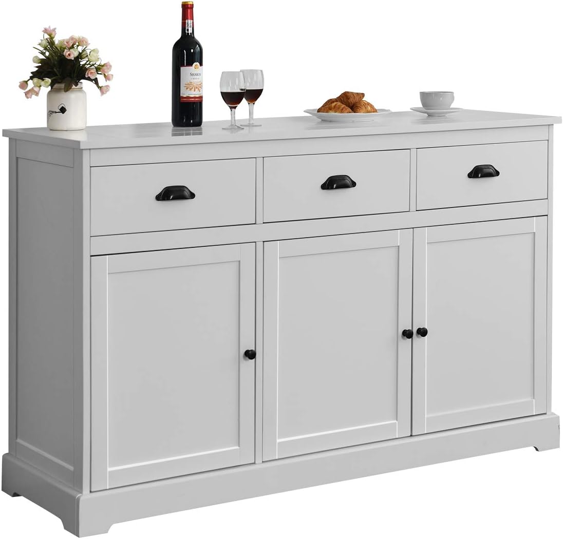 White Sideboard Buffet Server Storage Cabinet Console Table with 2 Cabinets and 3 Drawers D19484