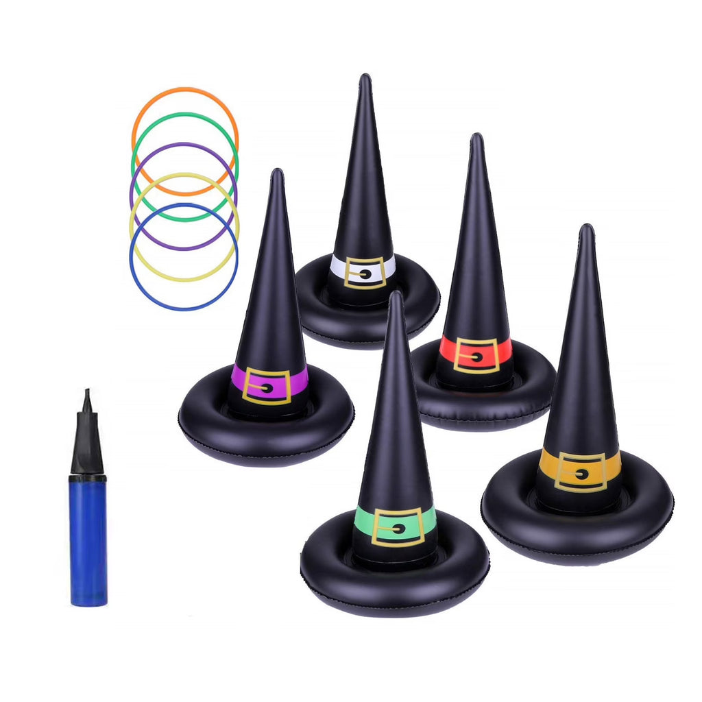 11 Pack Halloween Inflatable Witch Hat Ring Toss Game Set with Plastic Ring Toss and Inflatable Witch Hats D7241