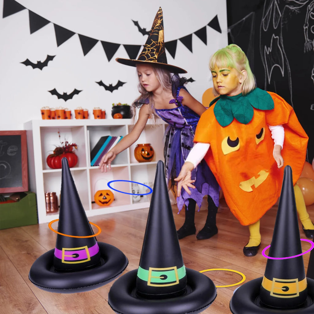 11 Pack Halloween Inflatable Witch Hat Ring Toss Game Set with Plastic Ring Toss and Inflatable Witch Hats D7241