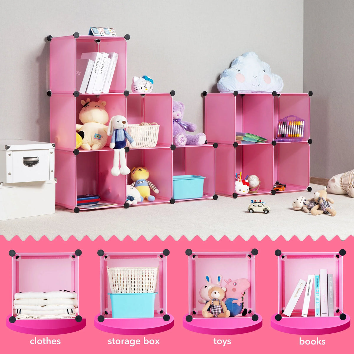 Pink Children's Portable Clothes Closet Rack with Storage Cubes Q835024