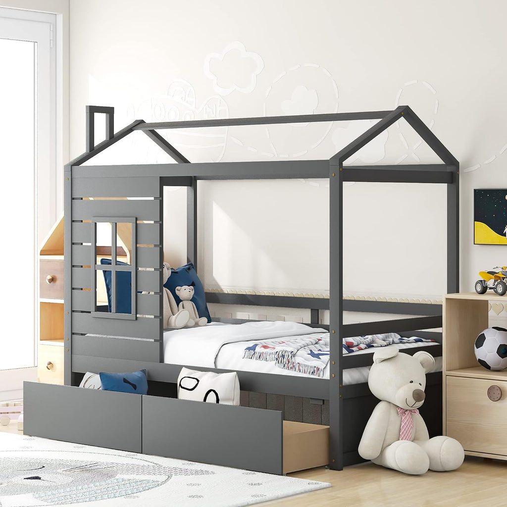 White Twin Wooden Bed Frame with Roof B2039