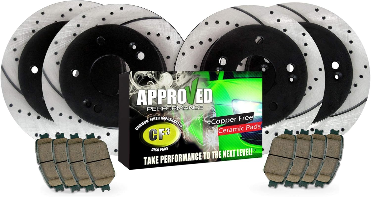 Front and Rear Drilled and Slotted Black Powder Coated Disc Brake Rotor & Pad Kit S7957