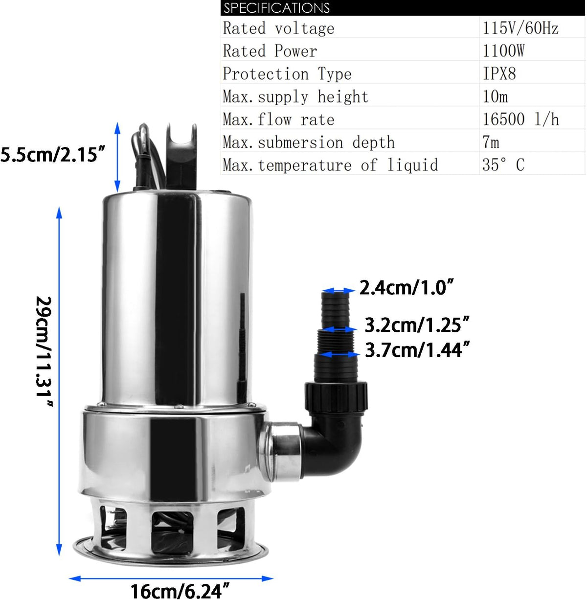 1.5 HP Stainless Steel Submersible Sump Pump with 15ft Cable and Float Switch G387