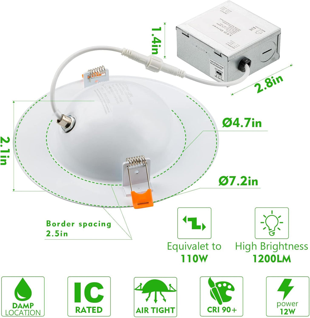 12 Pack 5/6 Inch Gimbal LED Recessed Light, Dimmable, 3000K/4000K/5000K, 12W=110W 1200LM, IC Rated V671