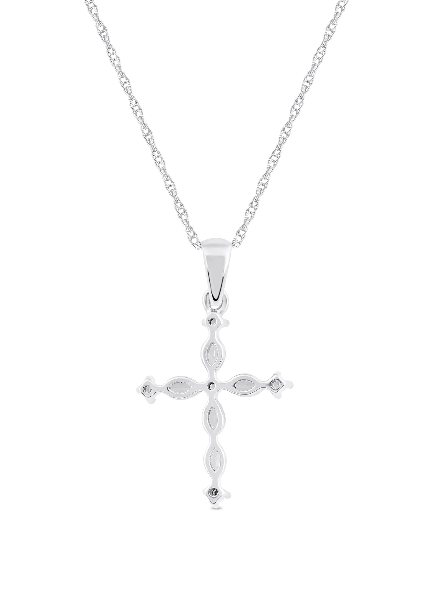 10K White Gold Marquise and Round Diamond Cross Pendant Necklace T4074