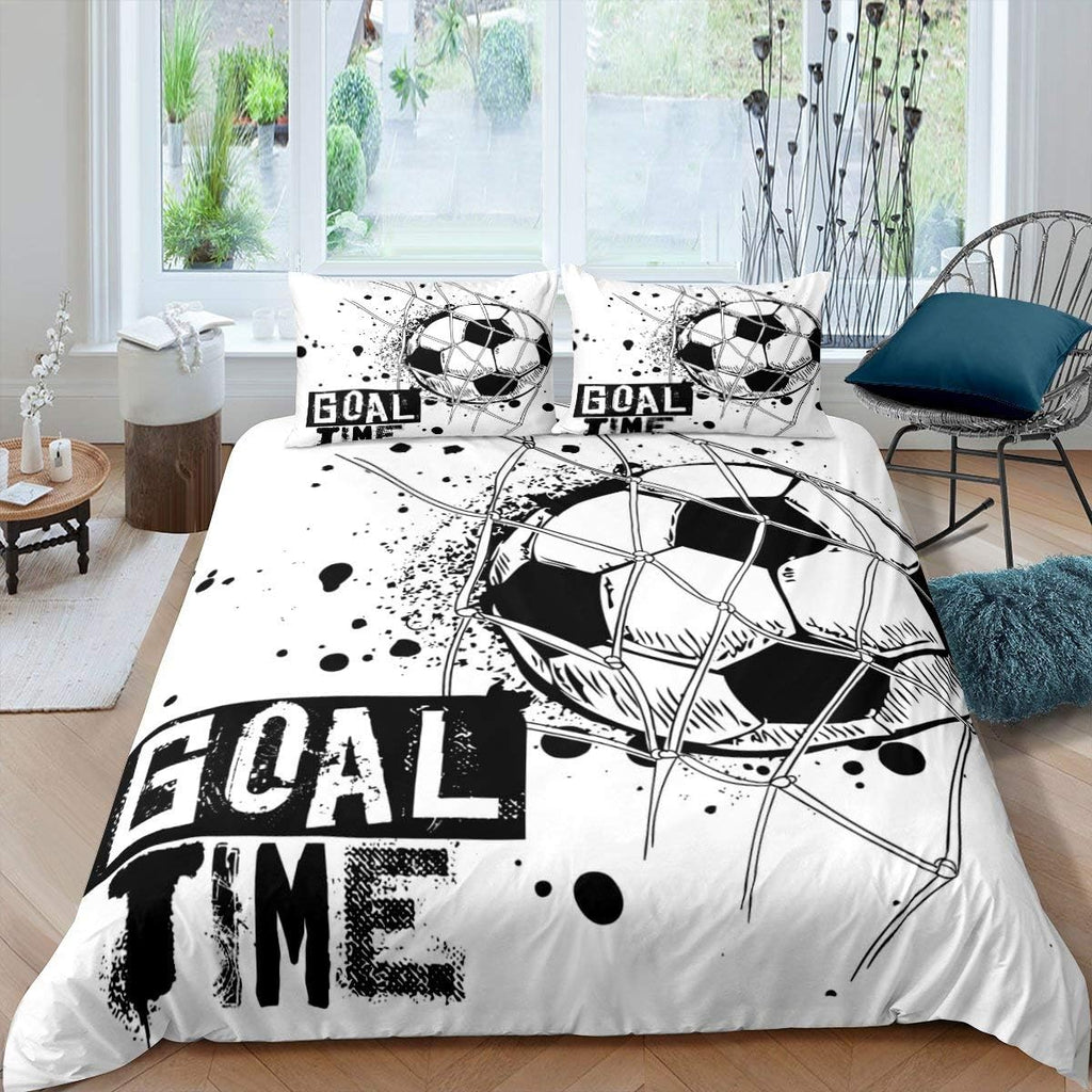Black White Twin Size Kids Soccer Comforter Cover Bedding Set E933