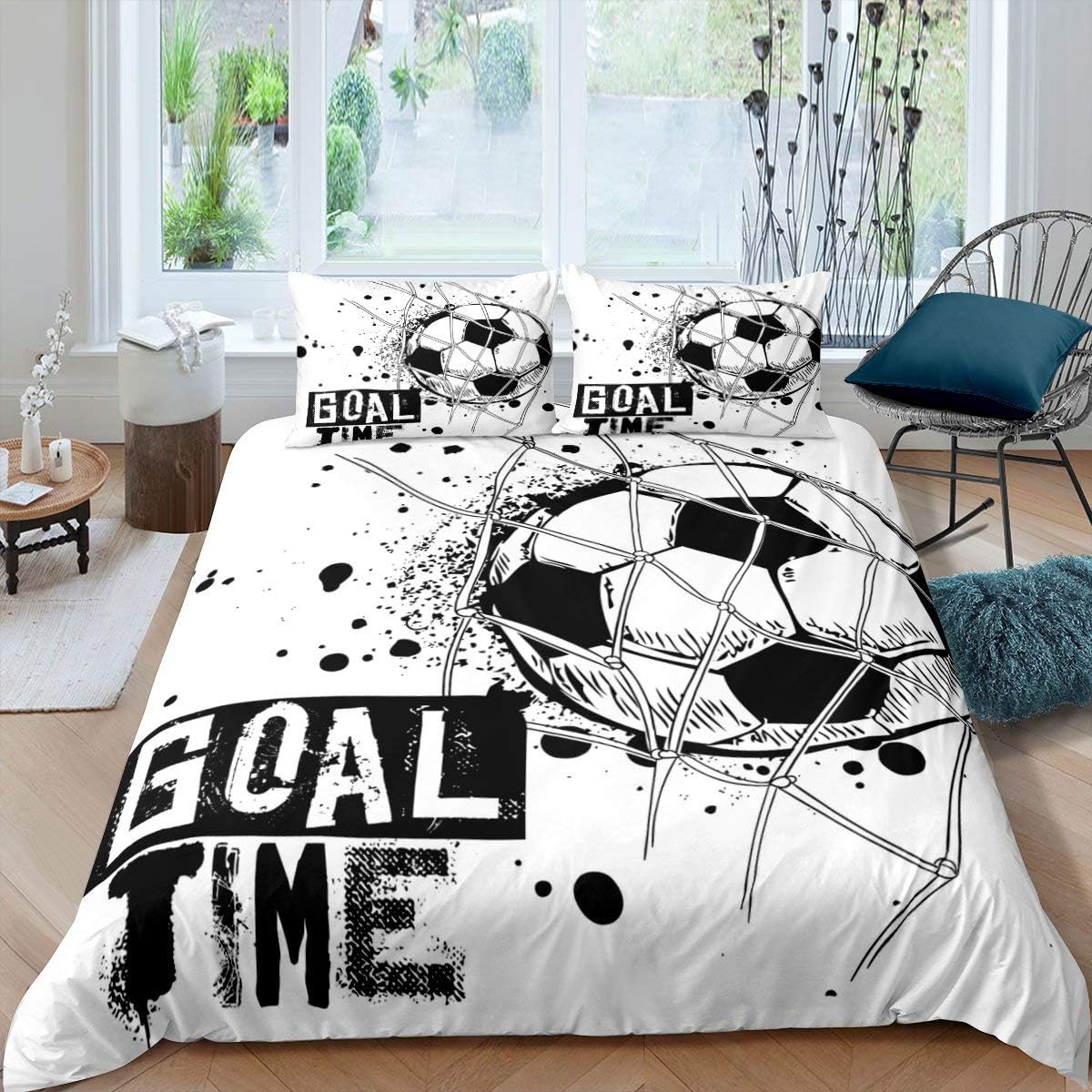 Black White Twin Size Kids Soccer Comforter Cover Bedding Set E933