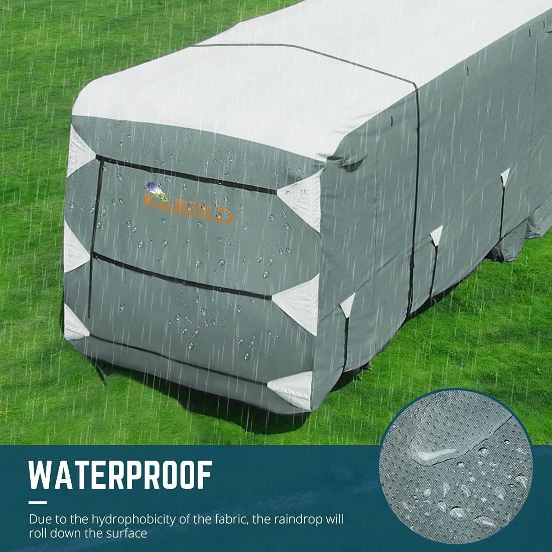 Extra-Thick 5 Layers Anti-UV RV Cover with 2Pcs Straps & 4 Tire Covers I298