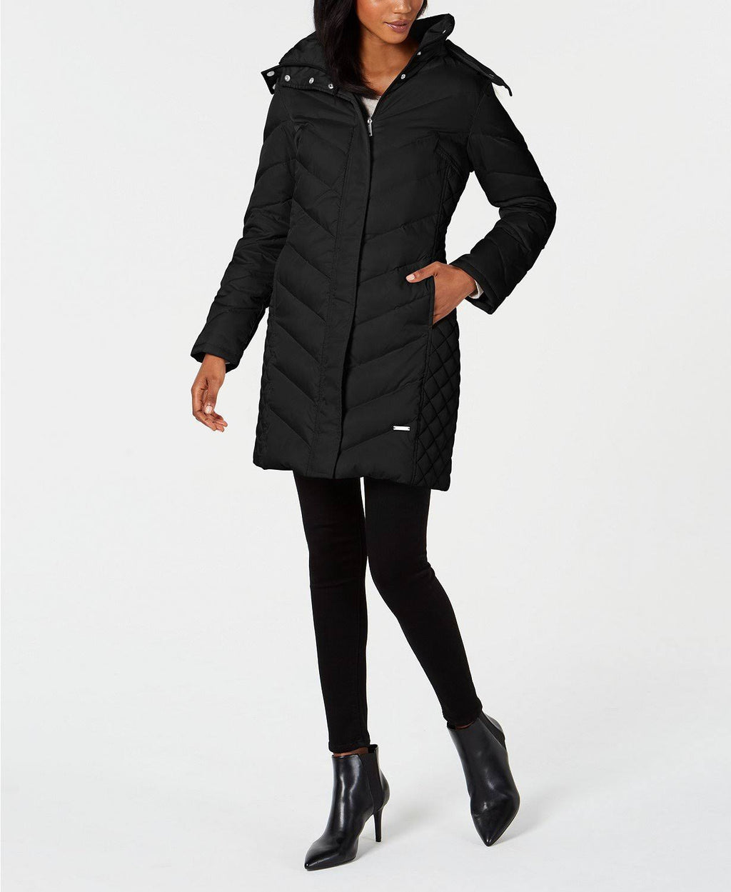 Black Petite Faux-Fur-Trim Down Hooded Puffer Coat C792969