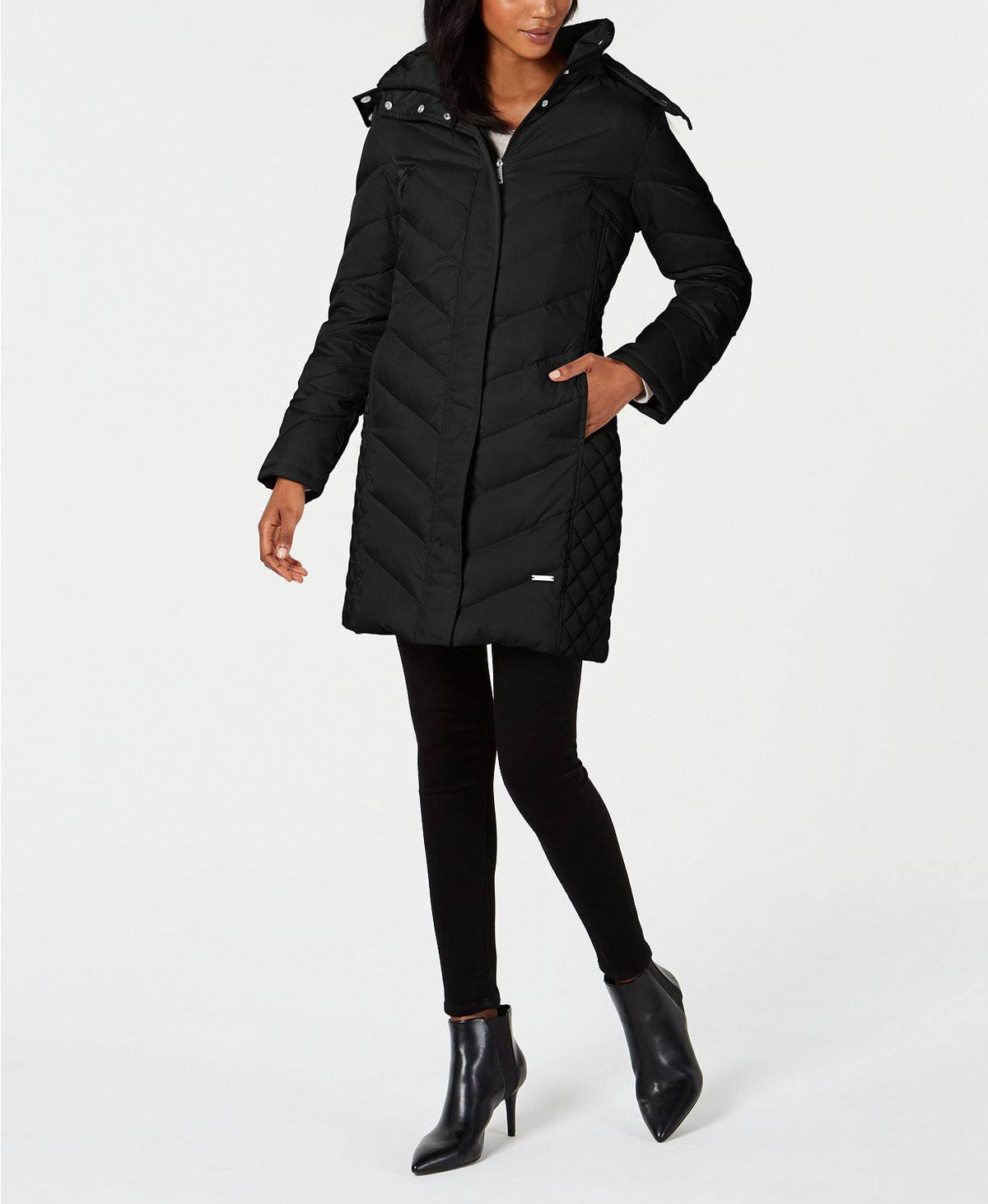 Black Petite Faux-Fur-Trim Down Hooded Puffer Coat C792969