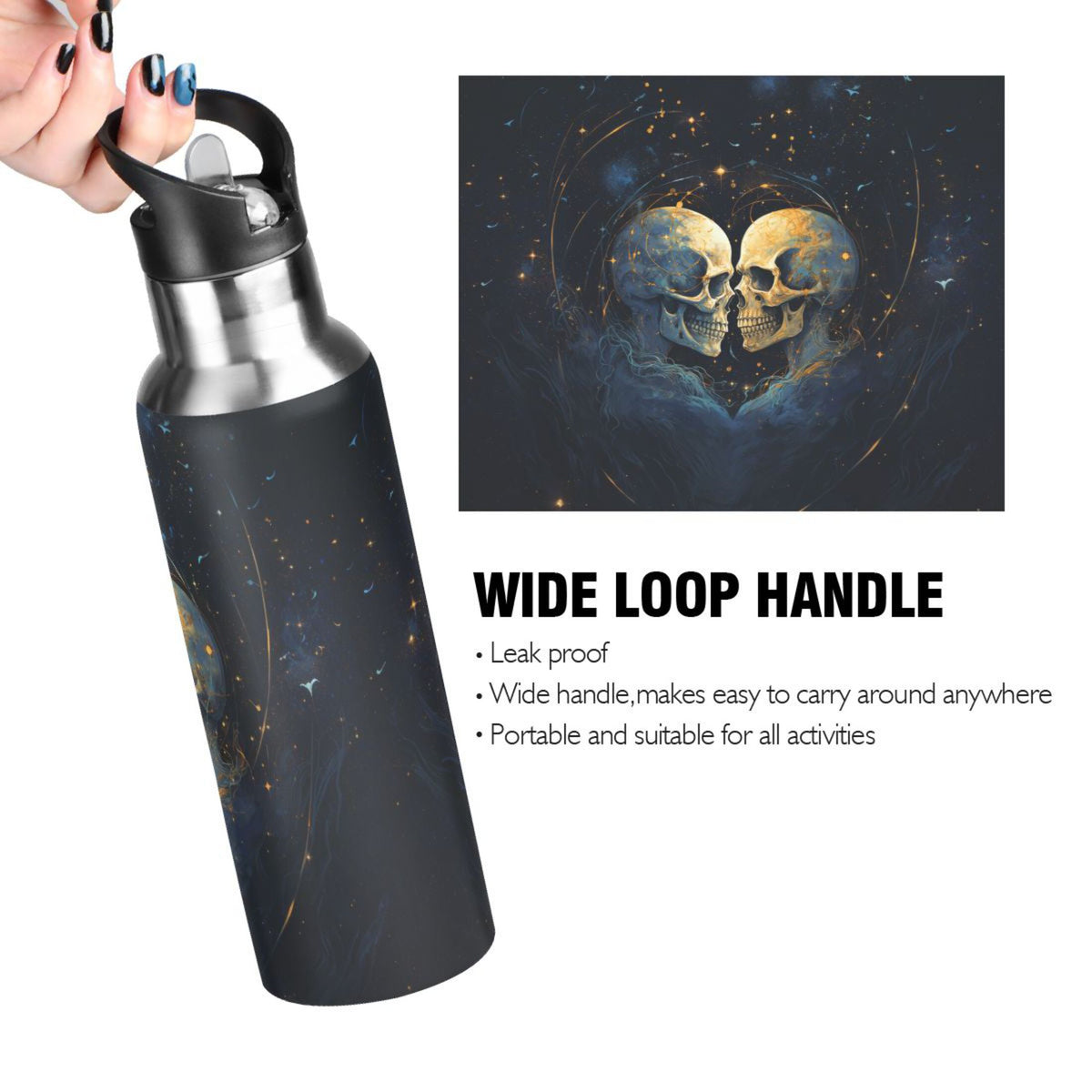 Two Human Skeleton Stainless Steel Water Bottles with Straw Lid 20 oz K55193