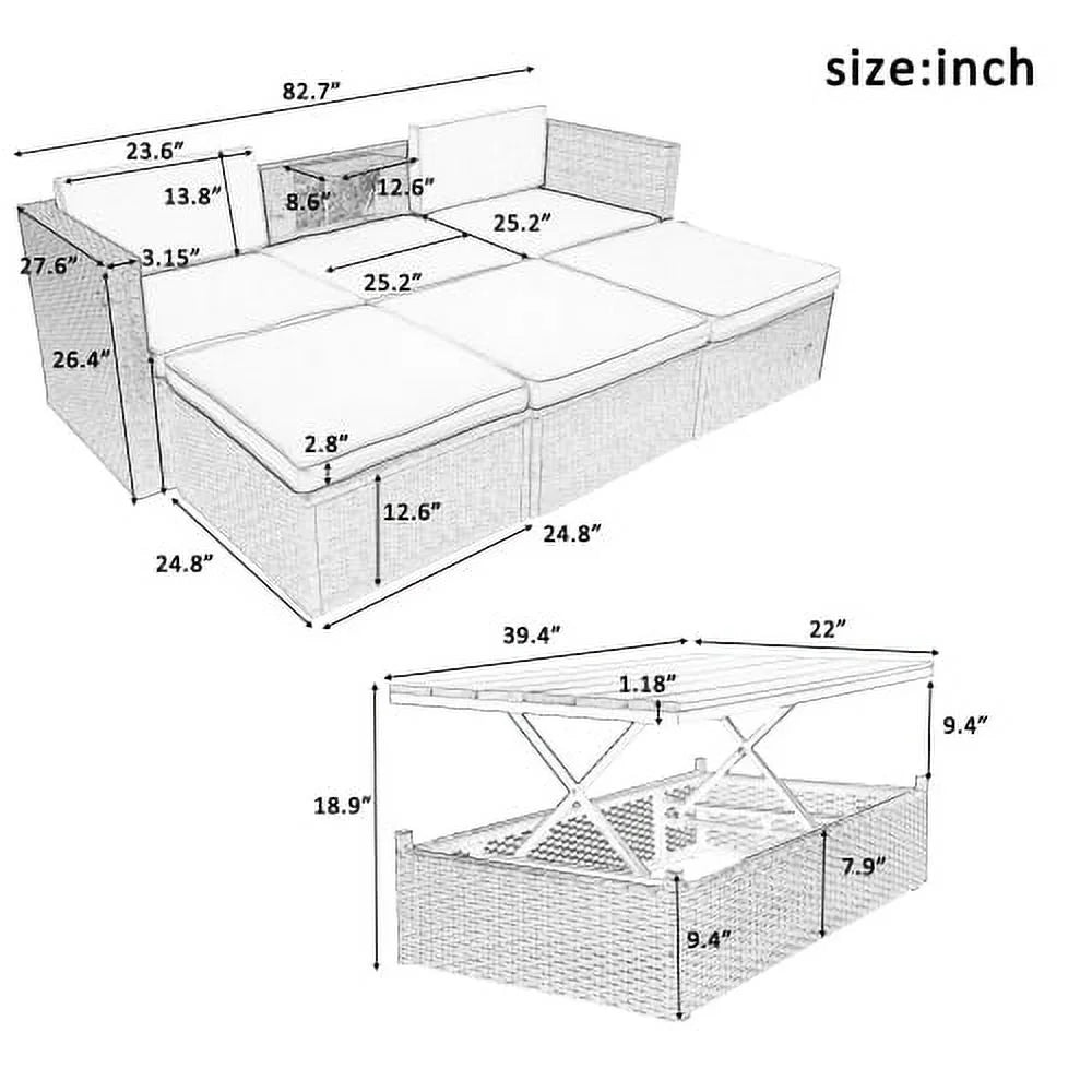 5-Piece Patio Wicker Sofa with Ottomans and Lift Top Coffee Table, Gray M9294