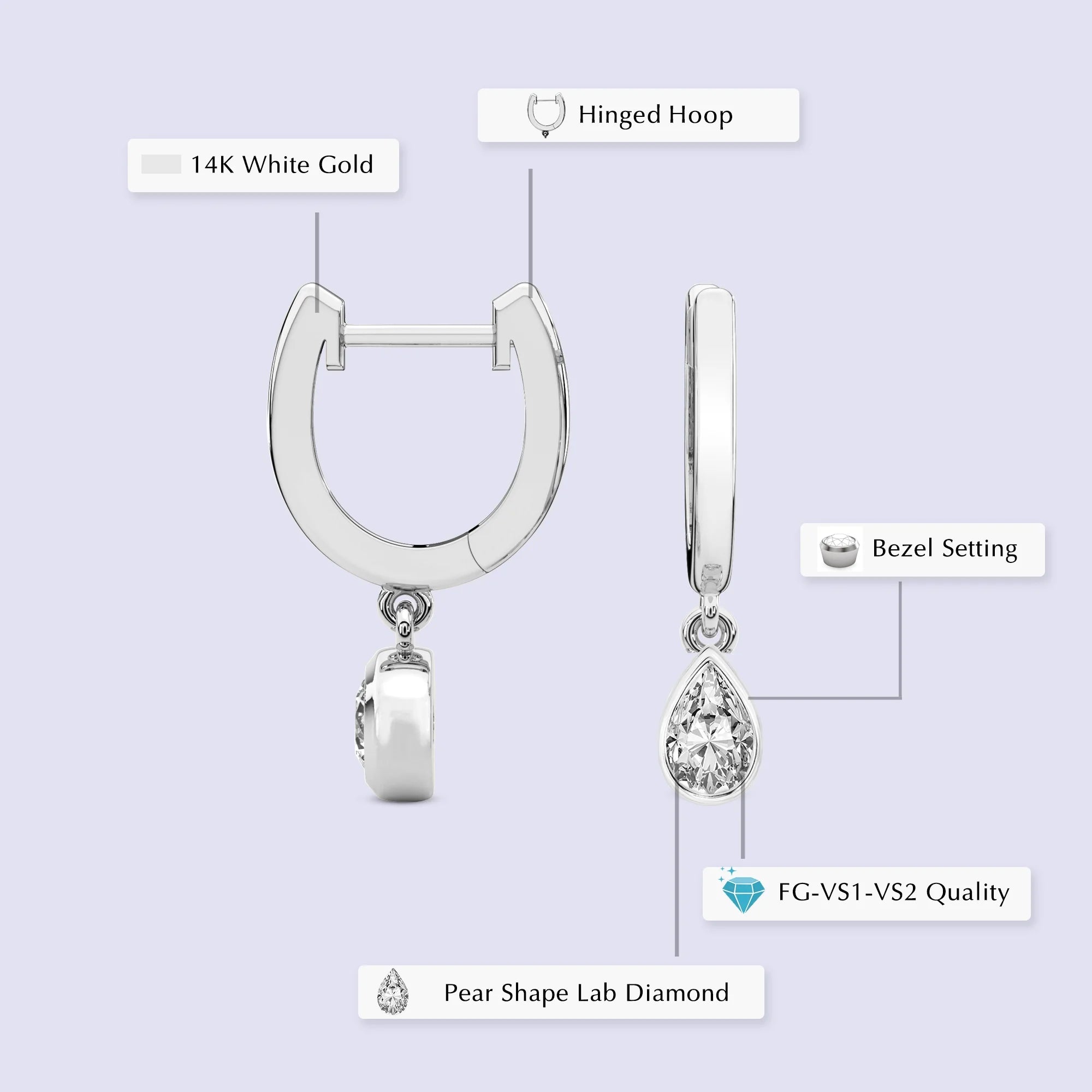 1 Carat Pear Shape Lab Grown Diamond Dangle Earring in 14K White Gold W602081