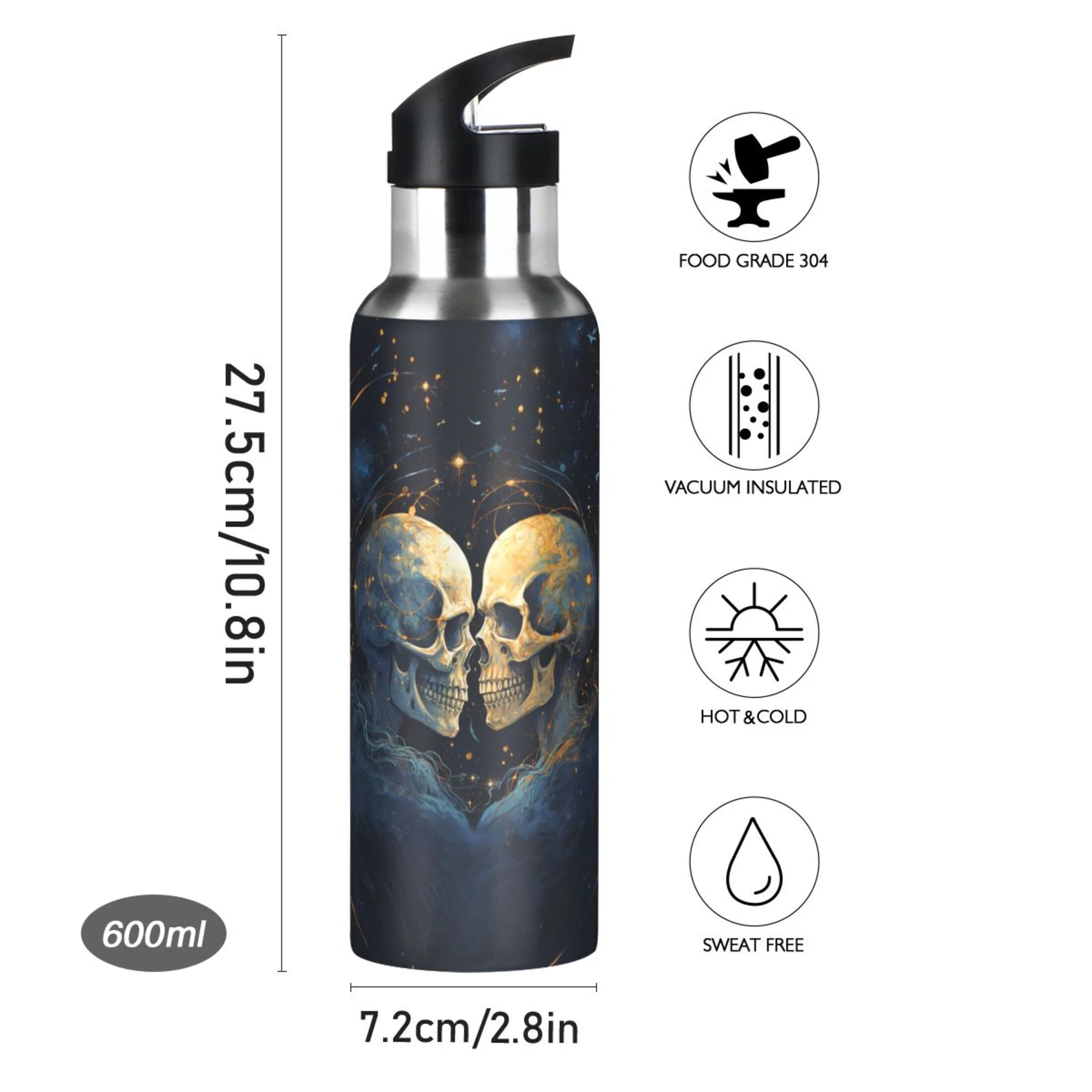 Two Human Skeleton Stainless Steel Water Bottles with Straw Lid 20 oz K55193