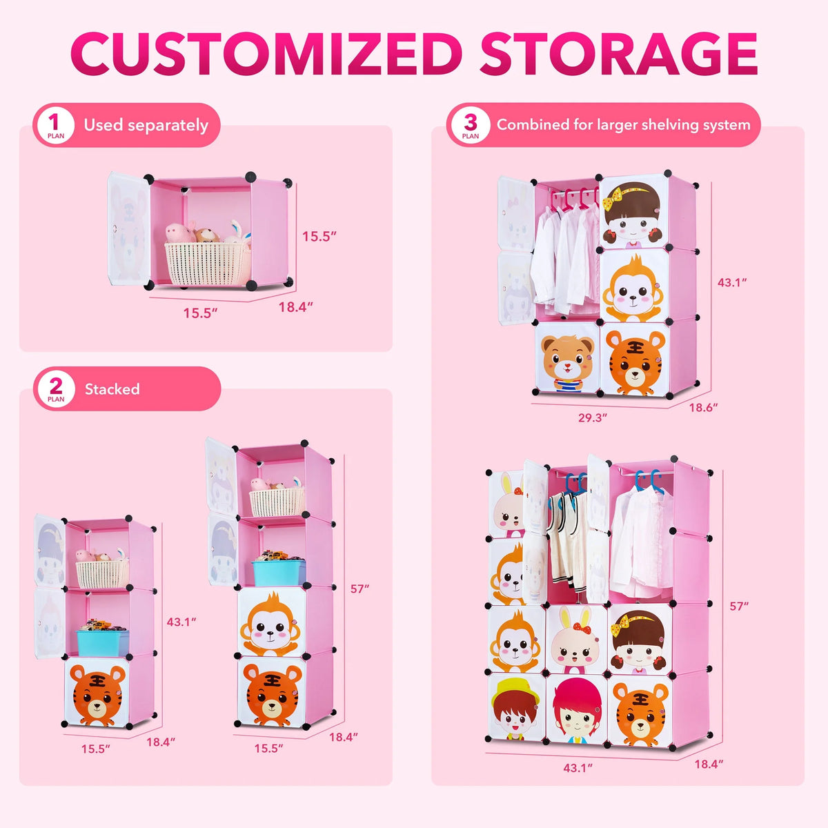 Pink Children's Portable Clothes Closet Rack with Storage Cubes Q835024