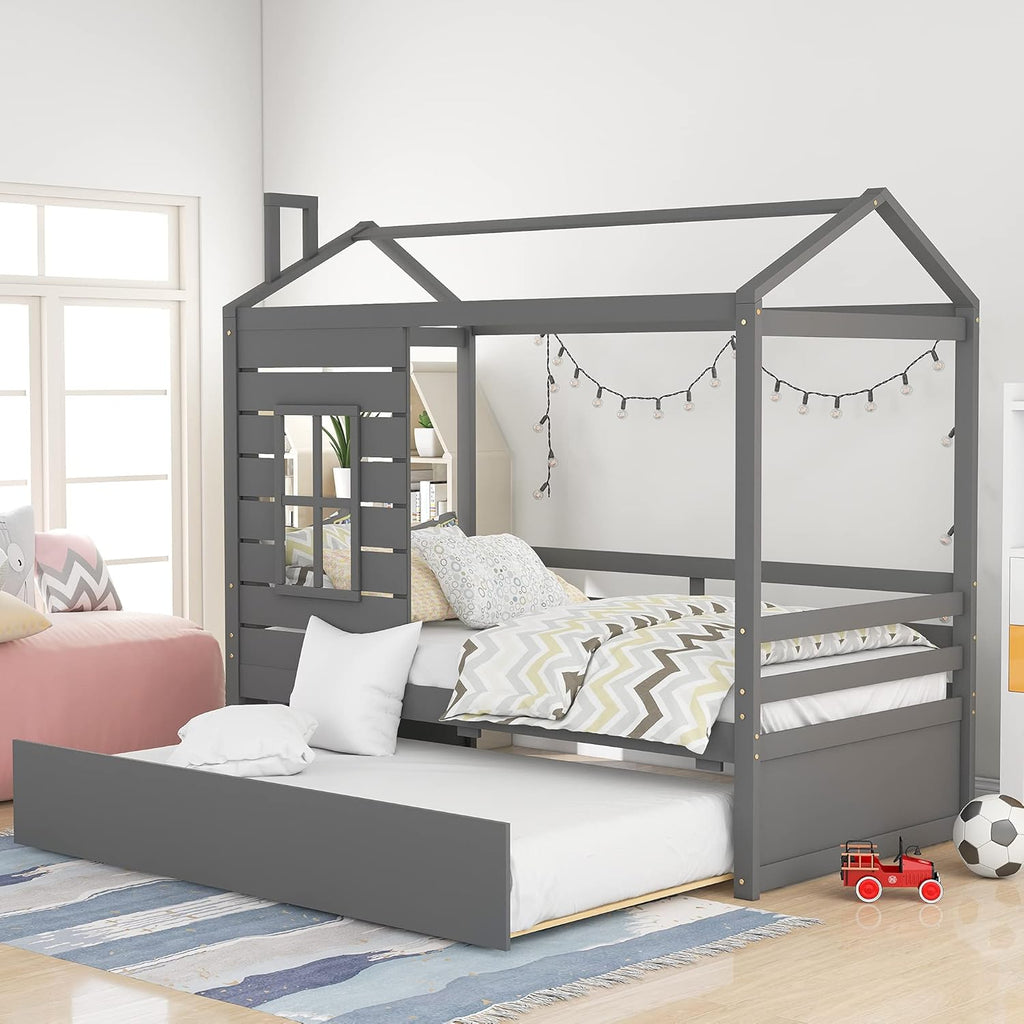 White Twin Wooden Bed Frame with Roof B2039