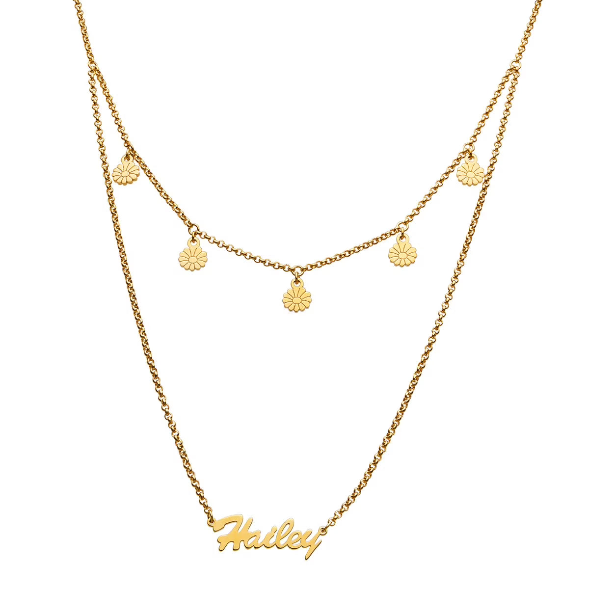 Goldtone Layered Name Necklace with Flower Charms D1965