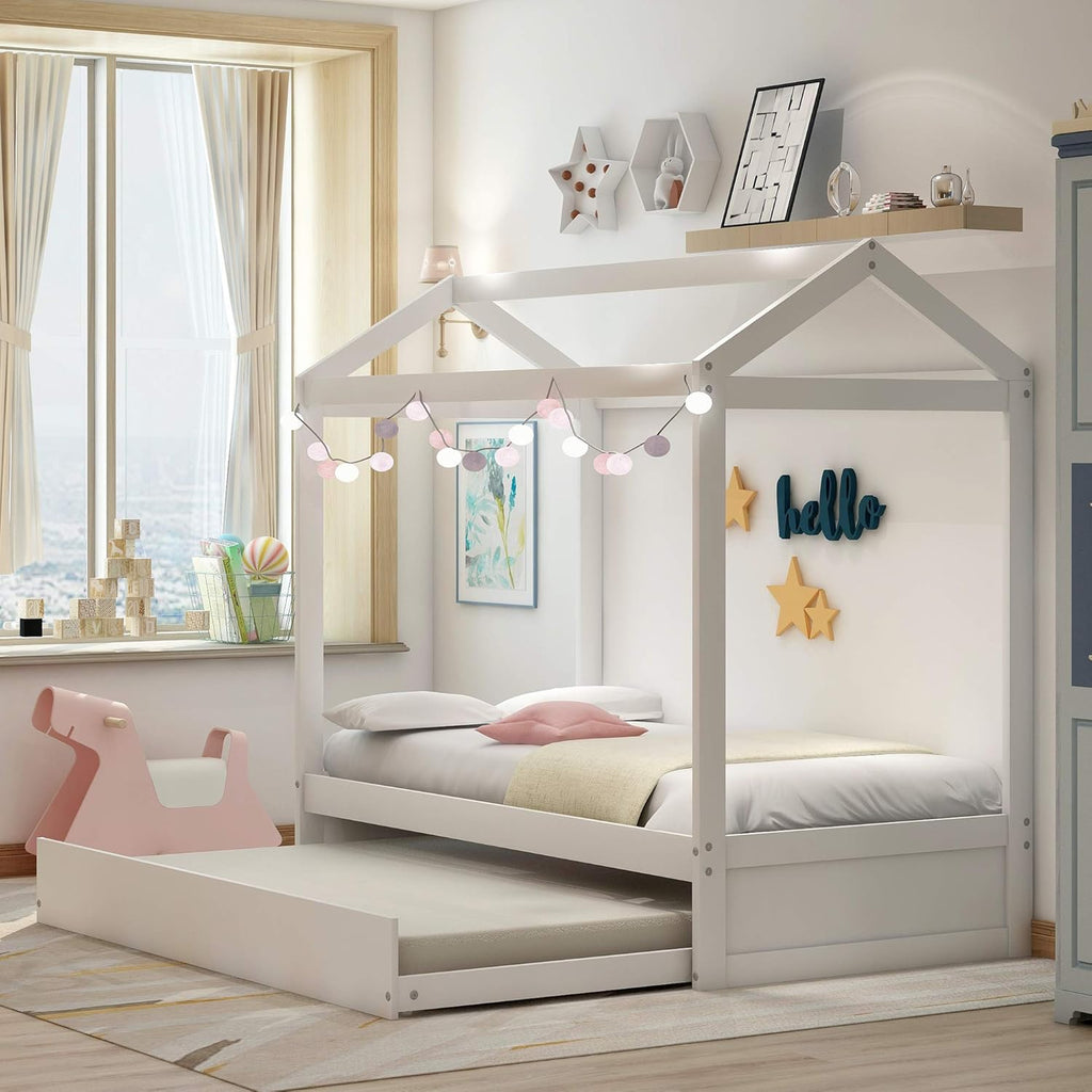 White Twin Wooden Bed Frame with Roof B2039