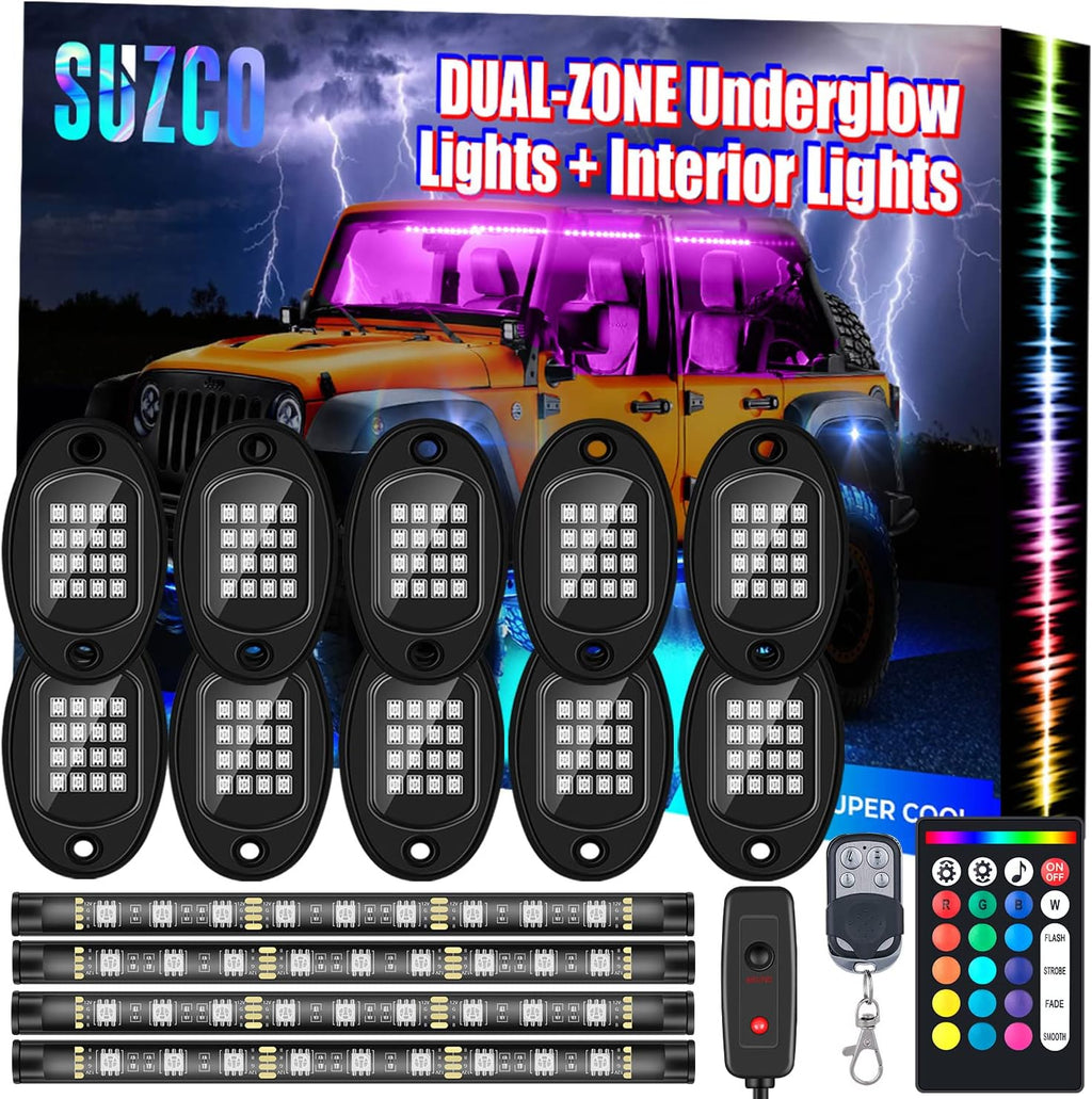 10-pods Trucks LED RGB Neon Underglow Rock Lights Kit with 4-Pcs Interior Light Kit Waterproof 12V S91047