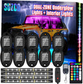 10-pods Trucks LED RGB Neon Underglow Rock Lights Kit with 4-Pcs Interior Light Kit Waterproof 12V S91047