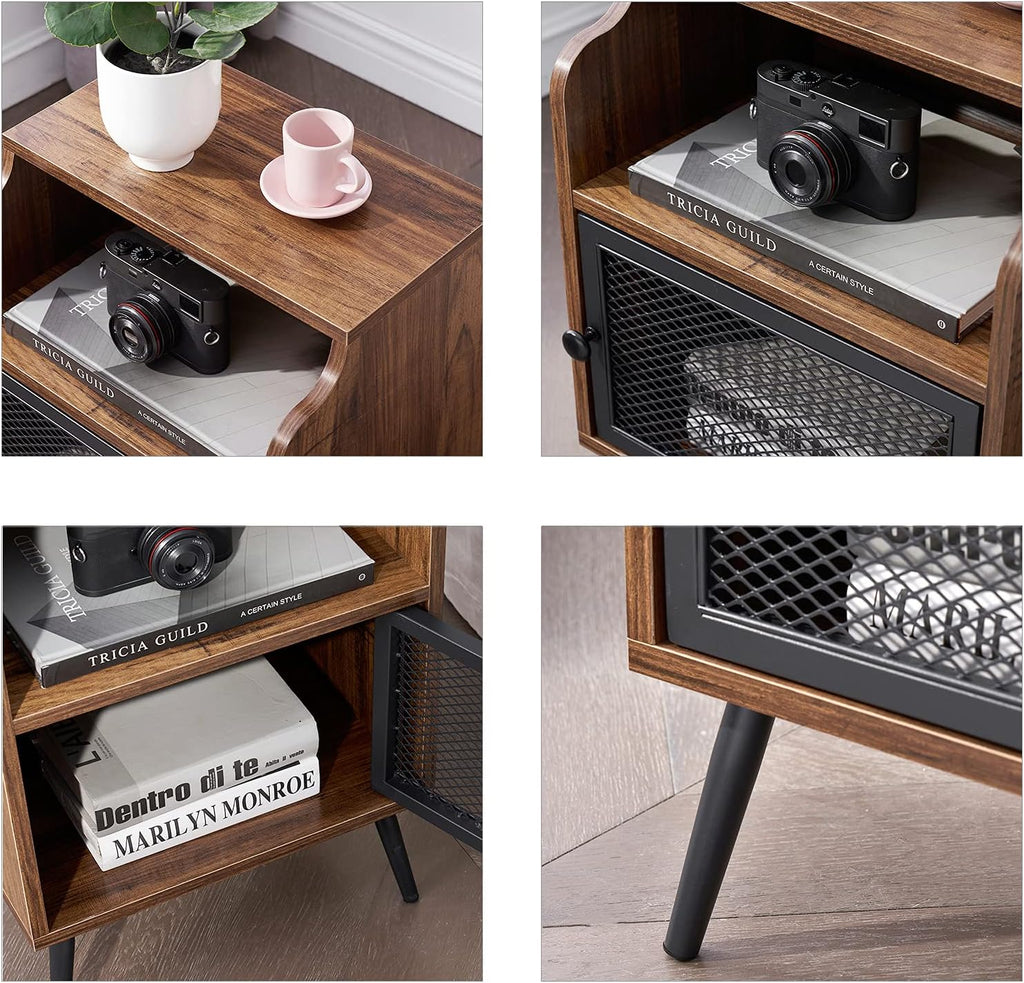 Brown Metal Nightstand with Storage Cabinet and Drawer Shelf P159