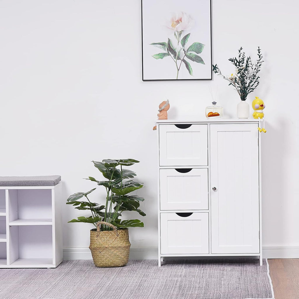 White Wooden Freestanding Bathroom Floor Cabinet with 1 Cupboard and 3 Drawers Y69844