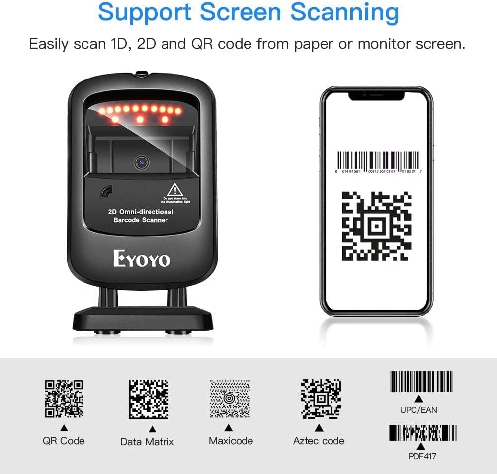 2D Desktop Barcode Scanner, Omnidirectional Hands-Free USB Wired Barcode Reader D671804