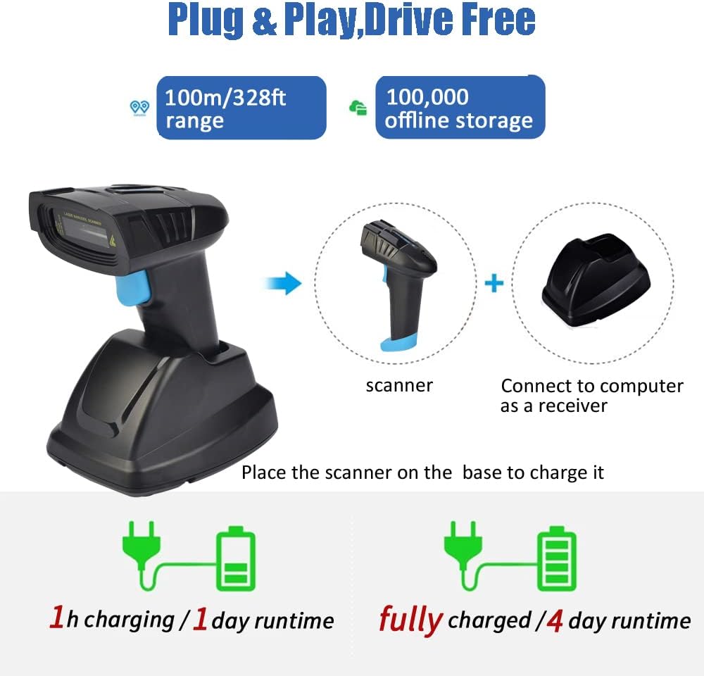 Cordless Barcode Scanner 2D QR Code Bar Code Reader with USB Cradle Pack of 2 B84145