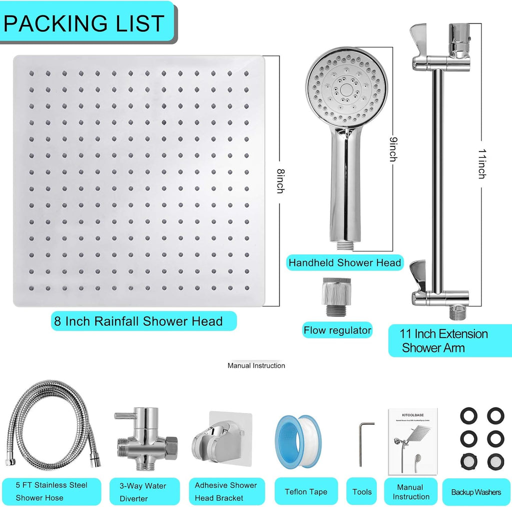 Stainless Steel Dual Square Rainfall Shower Head with Handheld Spray Pack of 2 S261287