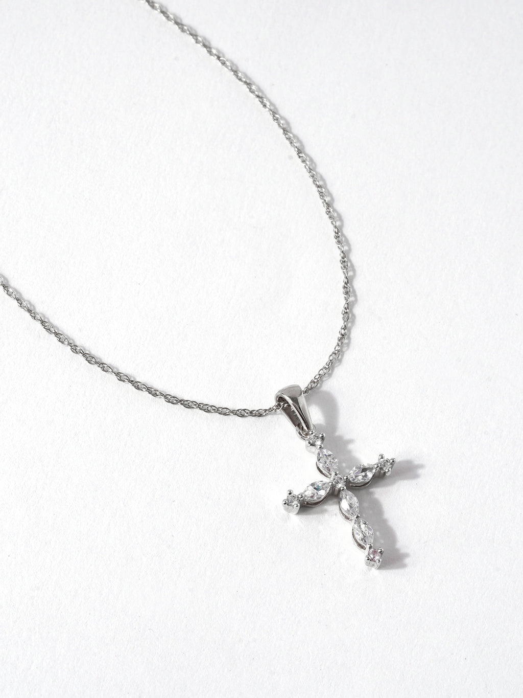 10K White Gold Marquise and Round Diamond Cross Pendant Necklace T4074