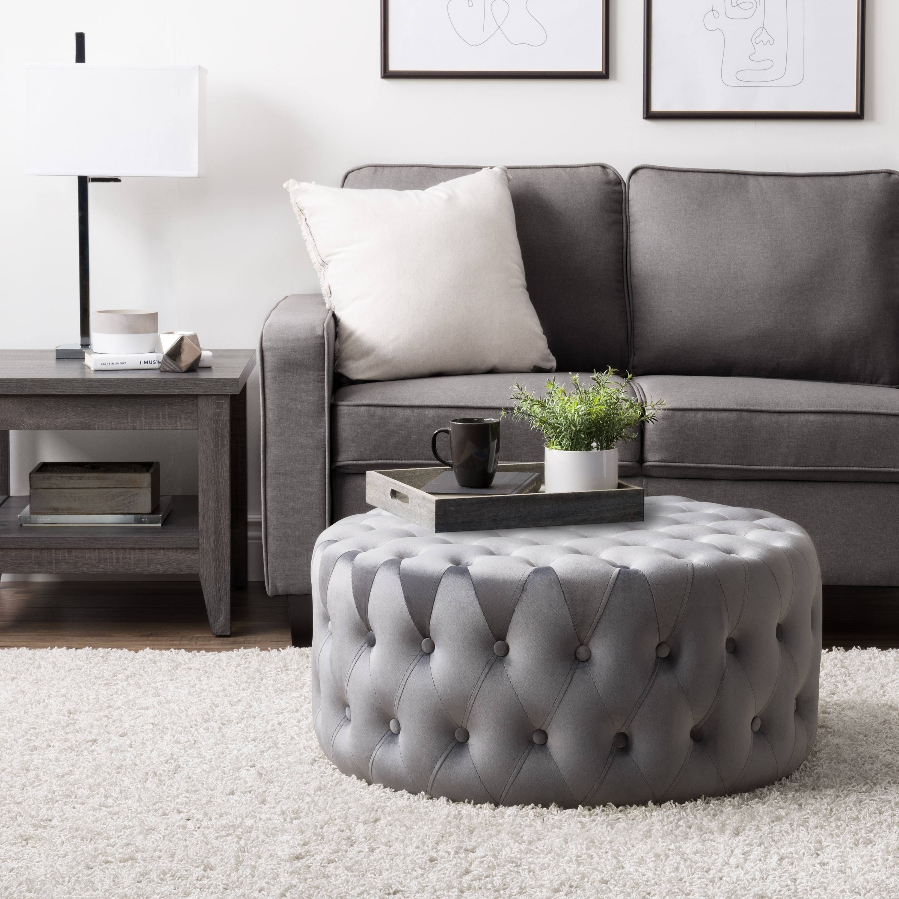 Blue Velvet Large Round Tufted Ottoman S8684