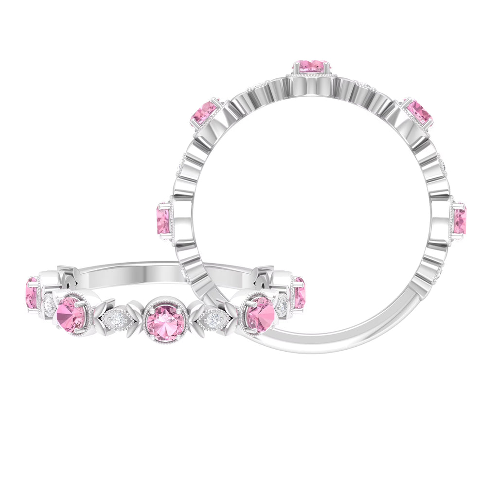 Pink Tourmaline and Diamond Half Eternity Ring, 925 Sterling Silver, US 4.00 B96061