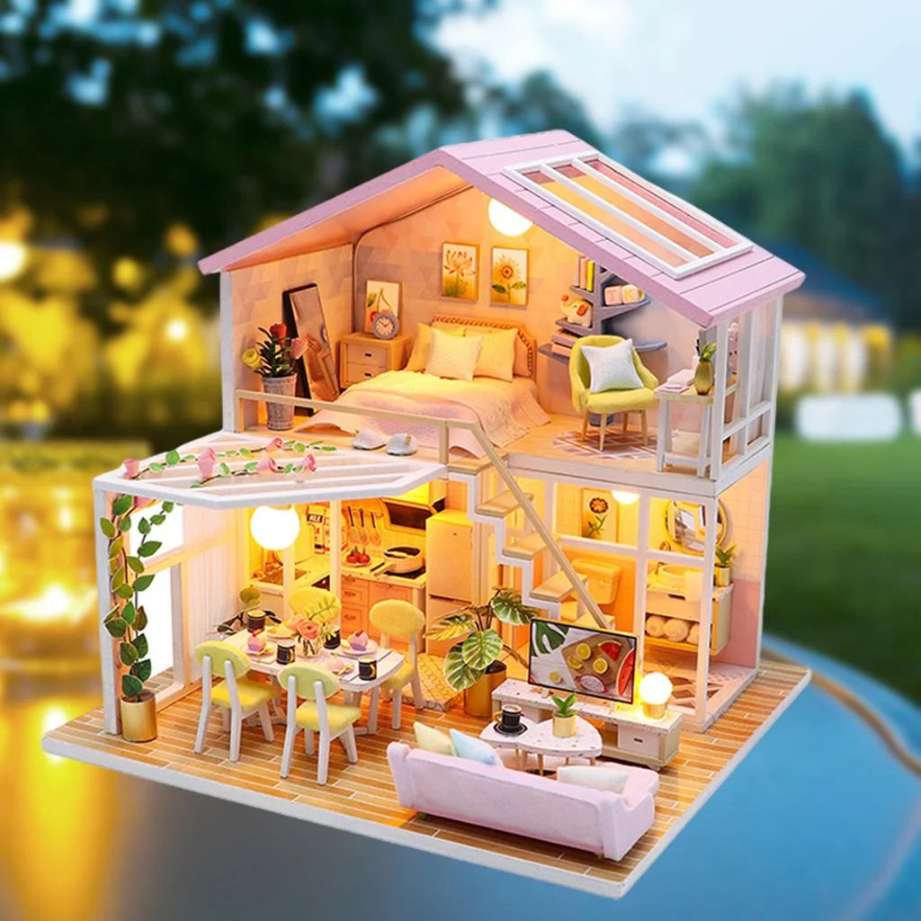 Wooden Doll House Building Puzzle with Furniture and LED Light K4953