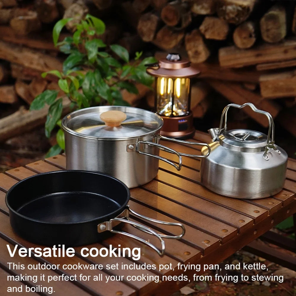 Stainless Steel Camping Cookware Set with Pot Frying Pan Kettle J3784
